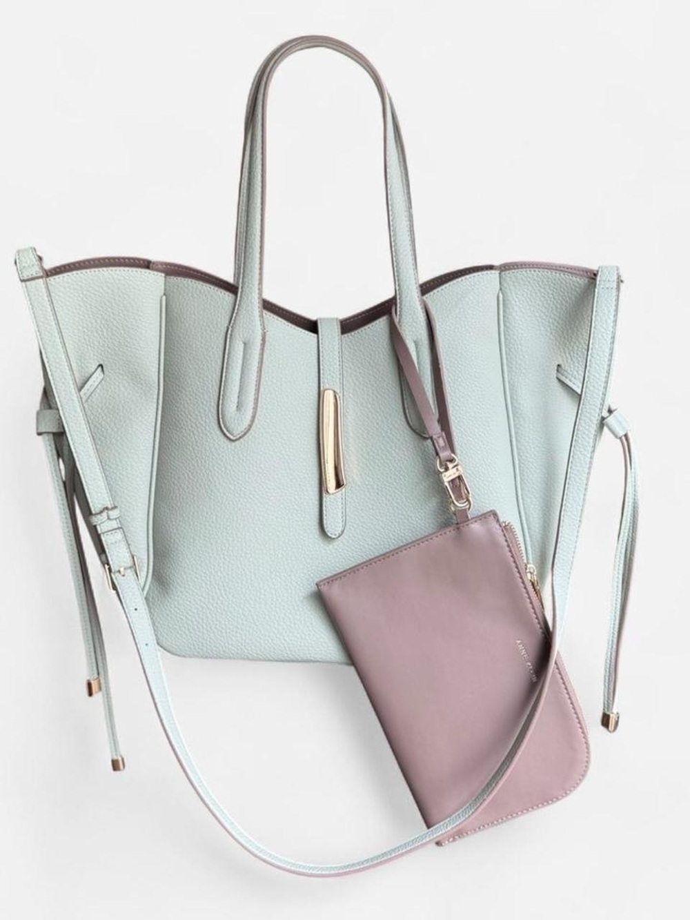 Anne Klein Mint Teal Two-Tone Tote Bag with Wristlet and Crossbody Strap